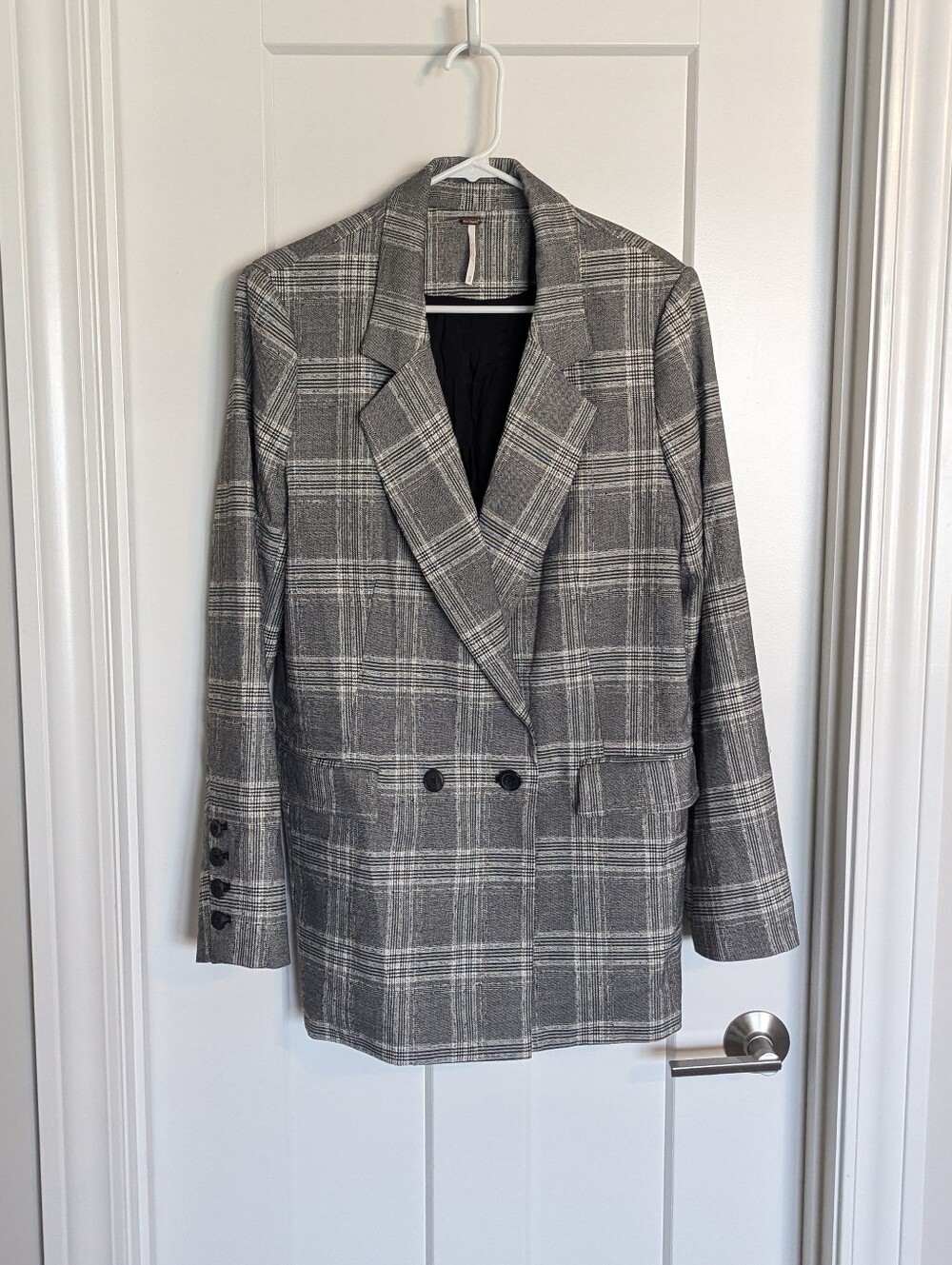 Free People Gray Plaid Double-Breasted Blazer